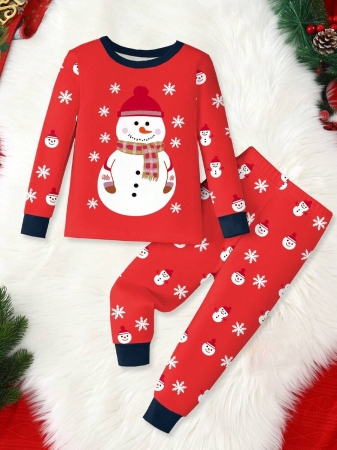 Young Boy Christmas Glow-In-The-Dark Snowman & Snowflake Print Knit Elastic Soft Long Sleeve Top And Pants 2 Pieces Pajama Set Snug Fit Kids Christmas Pajama - Image 31