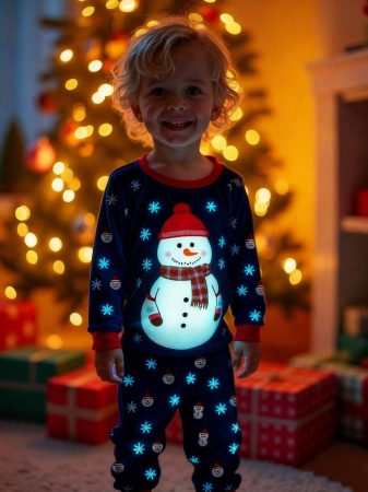 Young Boy Christmas Glow-In-The-Dark Snowman & Snowflake Print Knit Elastic Soft Long Sleeve Top And Pants 2 Pieces Pajama Set Snug Fit Kids Christmas Pajama - Image 32