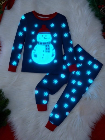 Young Boy Christmas Glow-In-The-Dark Snowman & Snowflake Print Knit Elastic Soft Long Sleeve Top And Pants 2 Pieces Pajama Set Snug Fit Kids Christmas Pajama - Image 34