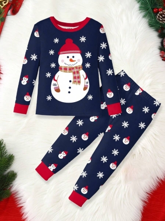 Young Boy Christmas Glow-In-The-Dark Snowman & Snowflake Print Knit Elastic Soft Long Sleeve Top And Pants 2 Pieces Pajama Set Snug Fit Kids Christmas Pajama - Image 35