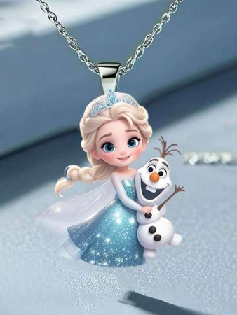 Disney 1pc 2D Flat Princess Elsa Acrylic Necklace, Fashionable Sweater Pendant, Perfect Birthday Party Gift, 2D Design, 2D Flat Girl Necklace For Kids & Friends (Chain Randomly Included)
