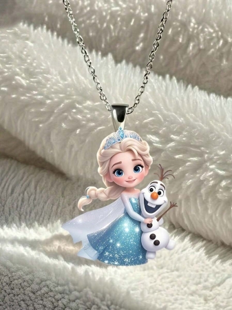 Disney 1pc 2D Flat Princess Elsa Acrylic Necklace, Fashionable Sweater Pendant, Perfect Birthday Party Gift, 2D Design, 2D Flat Girl Necklace For Kids & Friends (Chain Randomly Included) - Image 4