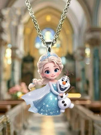 Disney 1pc 2D Flat Princess Elsa Acrylic Necklace, Fashionable Sweater Pendant, Perfect Birthday Party Gift, 2D Design, 2D Flat Girl Necklace For Kids & Friends (Chain Randomly Included) - Image 5