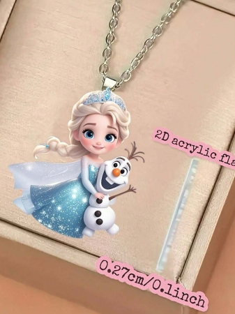 Disney 1pc 2D Flat Princess Elsa Acrylic Necklace, Fashionable Sweater Pendant, Perfect Birthday Party Gift, 2D Design, 2D Flat Girl Necklace For Kids & Friends (Chain Randomly Included) - Image 7