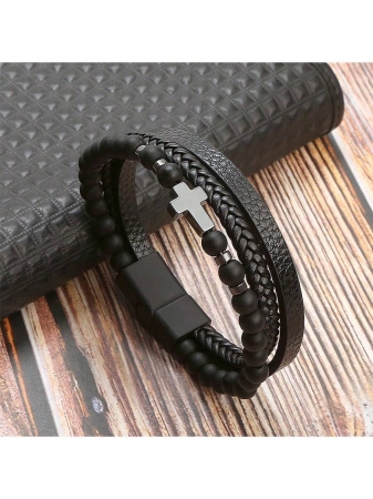 Leather Cross & Beads Decor Black Obsidian Bracelet - Image 2