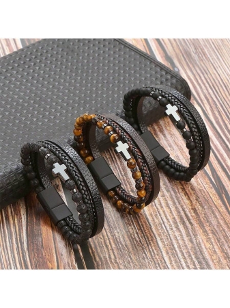 Leather Cross & Beads Decor Black Obsidian Bracelet - Image 3