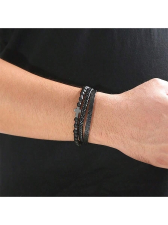 Leather Cross & Beads Decor Black Obsidian Bracelet - Image 5