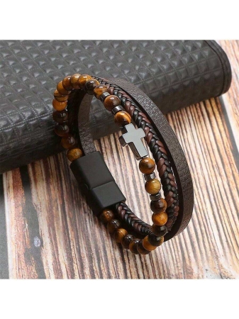 Leather Cross & Beads Decor Black Obsidian Bracelet - Image 7