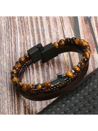 Leather Cross & Beads Decor Black Obsidian Bracelet - Image 8