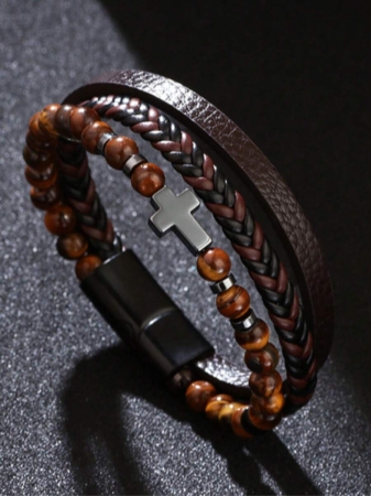 Leather Cross & Beads Decor Black Obsidian Bracelet - Image 9