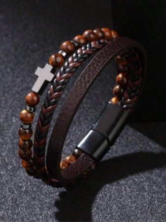 Leather Cross & Beads Decor Black Obsidian Bracelet - Image 10
