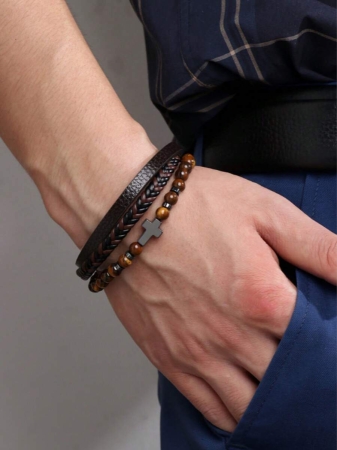 Leather Cross & Beads Decor Black Obsidian Bracelet - Image 11