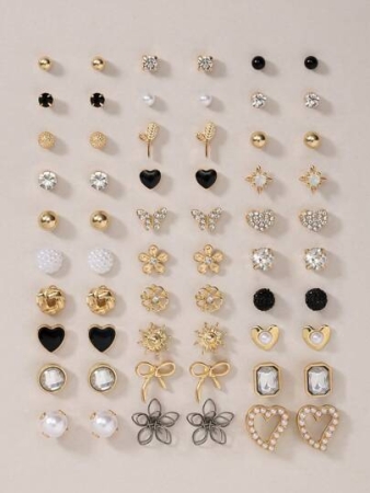 30 Pairs/Set Stud Earrings Assortment - Metal, Faux Pearl, Simple & Cute Designs Include Heart, Teardrop, Butterfly, Rhinestone, Flower, Sun Motifs, Great For Everyday Wear & Holidays - Gift For Women