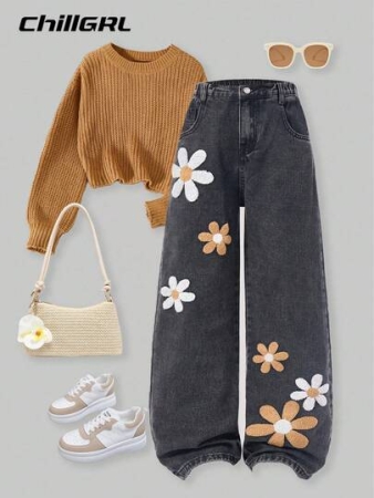 SHEIN Tween Girls' Fashionable Snow Floral Embroidered Wide Leg Washed Jeans, Suitable For Spring, Summer, Autumn And Winter Fall