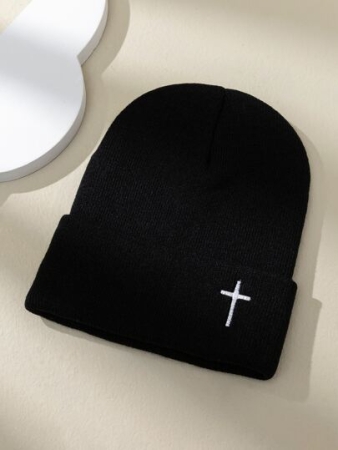 1pc Unisex Embroidered Cross Y2K Style Warm And Breathable Fashionable Knit Hat, Suitable For Daily Wear And Outdoor Activities Halloween Beanie Fall Outfit