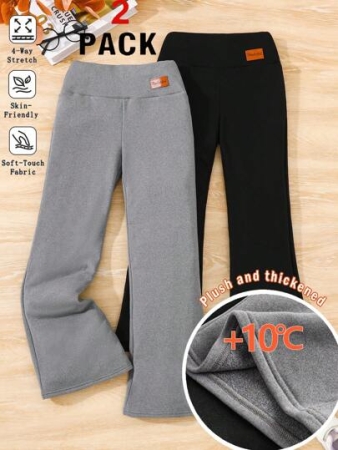 2pcs Tween Girls Casual Velvet Lined High Neck Ribbed Crop Sweater & Flared Pants Set, Autumn/Winter