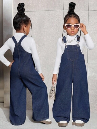 SHEIN Young Girl Y2K Casual Daily Dark Blue Pocket Denim Bib Overalls,Fall Clothes,Winter Clothes ,Casual And Fashionable Vacation Outfits