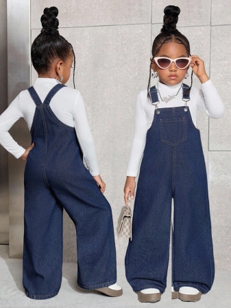 SHEIN Young Girl Y2K Casual Daily Dark Blue Pocket Denim Bib Overalls,Fall Clothes,Winter Clothes ,Casual And Fashionable Vacation Outfits - Image 2