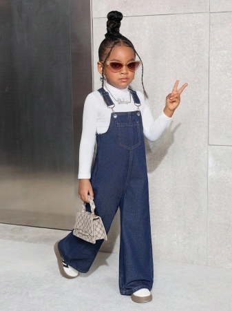 SHEIN Young Girl Y2K Casual Daily Dark Blue Pocket Denim Bib Overalls,Fall Clothes,Winter Clothes ,Casual And Fashionable Vacation Outfits - Image 4