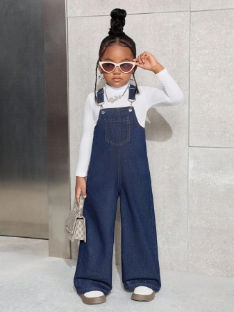 SHEIN Young Girl Y2K Casual Daily Dark Blue Pocket Denim Bib Overalls,Fall Clothes,Winter Clothes ,Casual And Fashionable Vacation Outfits - Image 5