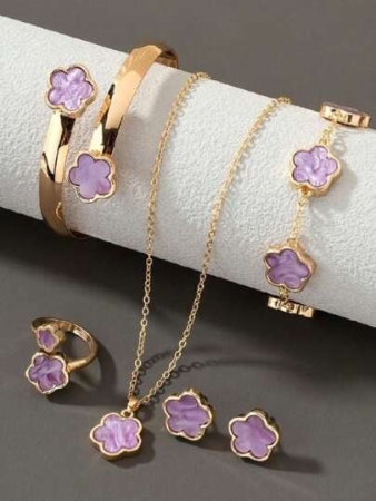 6pcs/Set Lucky Flower Jewelry Set, 1pc Necklace, 1pc Bracelet, 1pc Bangle, 1pc Ring, 1 Pair Earrings, Suitable For Daily, Party, Holiday