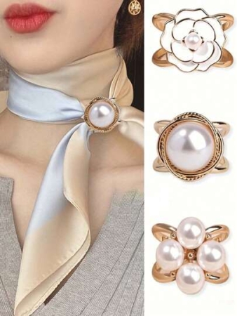 3PCS Ladies Fashion Gold Faux Pearl Silk Scarf Combination Buckle Corner Knot Ring Multi-Functional Scarf Fixed Buckle Women Brooch