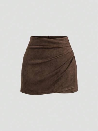 Sweetra Vintage Italian Style Maillard Color Pleated Bodycon Skirt, Sexy & Alluring For Autumn/Winter