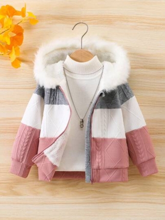 SHEIN Young Girl 1pc Colorblock Fuzzy Trim Hooded Jacket