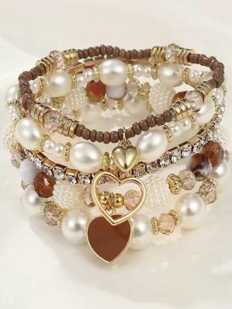 5pcs Pearl & Crystal Beaded Bracelets, Fashion Multilayer Wrist Bracelet Set For Women