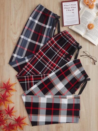 3pcs Plaid Print Bow Front Pajama Sleep Pants Bow Tie, Fall Clothes