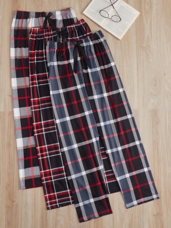 3pcs Plaid Print Bow Front Pajama Sleep Pants Bow Tie, Fall Clothes - Image 4