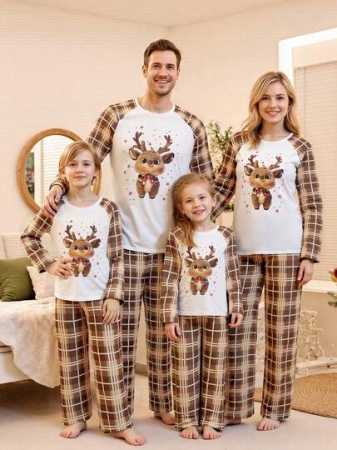 Family Matching Christmas Pajamas Set Plaid And Reindeer Print Holiday Pajamas Sleepwear Dad Mom Kids PJs