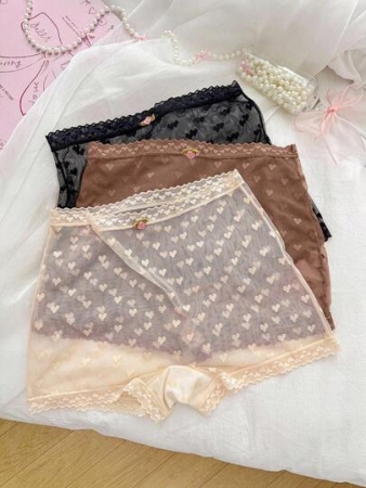 PetitDoll 3pcs/Set Sweet Heart Jacquard Mesh Lace Trim Panties