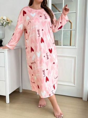 Plus Heart Print Round Neck Long Sleeve Sleep Dress, Moo Moo, Fall