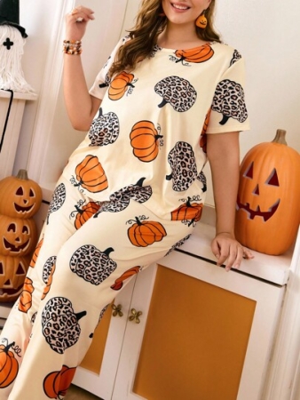 Chillnights Plus Size Vintage Leopard Pumpkin Print Halloween Pajama Set Pumpkin Pajamas Plus Size Halloween Pajamas