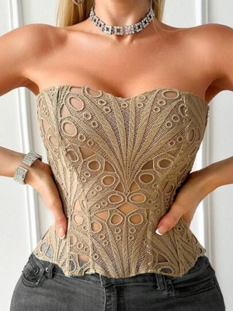 1pc Textured Sheer Floral Lace Corset Hollowed Out Bustier Cute Crop Top For Daily Wear/Party/Wedding