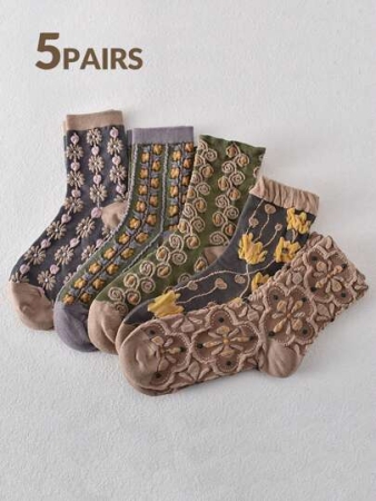 5 Pairs Vintage Women's Crew Socks With Embossed Court Theme Women Mid-Calf Socks, Fall