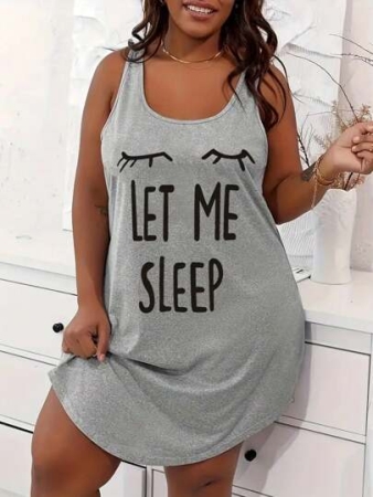 Plus Size Women Summer Casual Loungewear Sleepwear, Sleeveless Lash And Letter Print Dress, Moo Moo