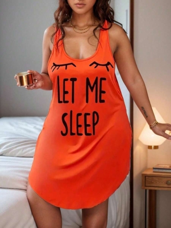 Plus Size Women Summer Casual Loungewear Sleepwear, Sleeveless Lash And Letter Print Dress, Moo Moo - Image 2