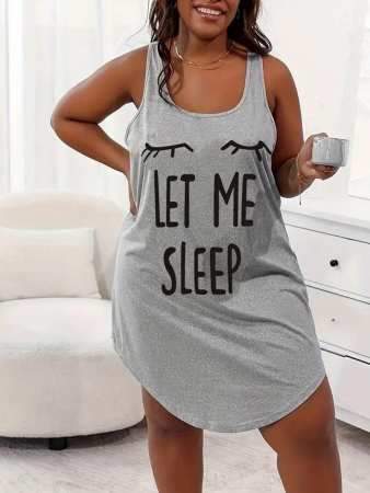 Plus Size Women Summer Casual Loungewear Sleepwear, Sleeveless Lash And Letter Print Dress, Moo Moo - Image 7