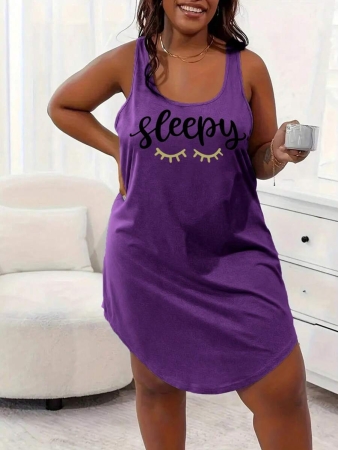 Plus Size Women Summer Casual Loungewear Sleepwear, Sleeveless Lash And Letter Print Dress, Moo Moo - Image 12
