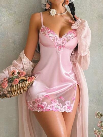 FloralLove Wedding Embroidery Ladies Sexy Nightdress 2 Pieces Set UnderwearOuter Silk Lace Bra  Cozy And Elegant Details
