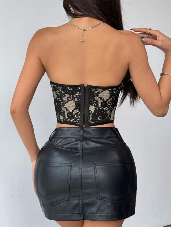 Sexy Elegant Solid & Floral Print Mature Charm - Graceful Lace Ruffle Trim Backless Bustier, Slim Fit Corseted Bodycon Vest With Snap Buttons - Image 13