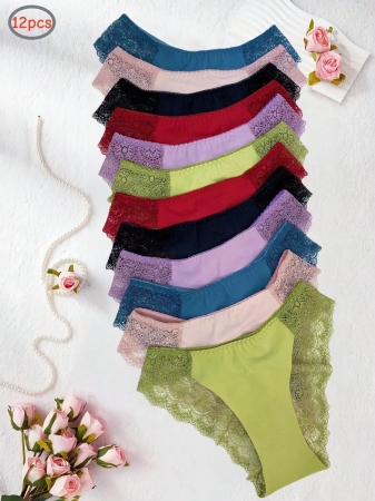 12 Or 6 Pack Women's Elastic Lace Briefs, Low-RiseElegant Contrast Lace Trim, Breathable And Comfortable.Colors Include Black, Pink, Red, Etc., Comfortable, FemininePanties, Silky Fabric, Soft To The Touch, Great Value Formoney. For Special Occasions Suitable For Office Workers.Gifts Suitable For Halloween And Christmas In Autumn And Winter. - Image 2