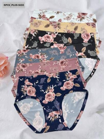 6pcs/Pack Rose Print Soft Milk Silk Plus Size Women Underwear