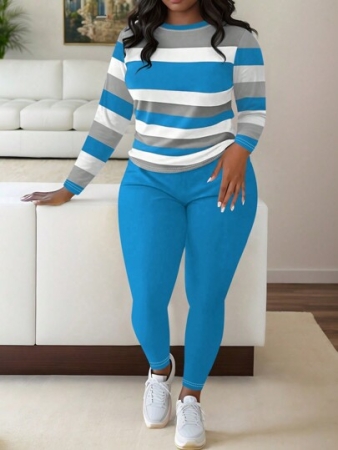Maweii 2pcs Plus Size Women Fashion Striped Print Crew Neck Long Sleeve T-Shirt And Leggings Casual Set Fall Cloth For Women