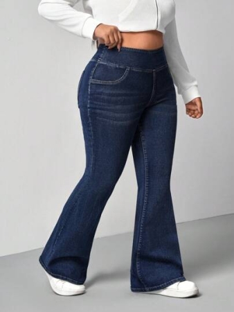 Dripcurv Plus Size Blue Denim Flared Jeans With Stretch Casual Skinny Elastic Flare Leg, High Waist Leggings Women Plus Size Elastic Waist Skinny Leggings, Casual Lightweight Stretch Denim Jersey Fabric, Suitable For Yoga, Sports, Outdoor & Daily Wear Leggings With Pockets Body-Shaping Leggings, Fall Women Clothes