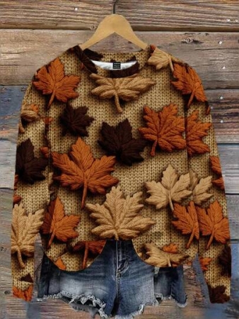 EMERY ROSE Plus Size Women Casual Maple Leaf Print Sweatshirt, Autumn/ Winter Fall Tops Earthy Clothes Women