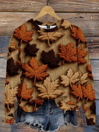 EMERY ROSE Plus Size Women Casual Maple Leaf Print Sweatshirt, Autumn/ Winter Fall Tops Earthy Clothes Women - Image 18