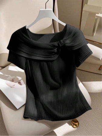 SHEIN EMERY ROSE CURVE Plus Size Women's Solid Color Twist Knot Short Sleeve Ribbed Casual Versatile T-Shirt - Image 2